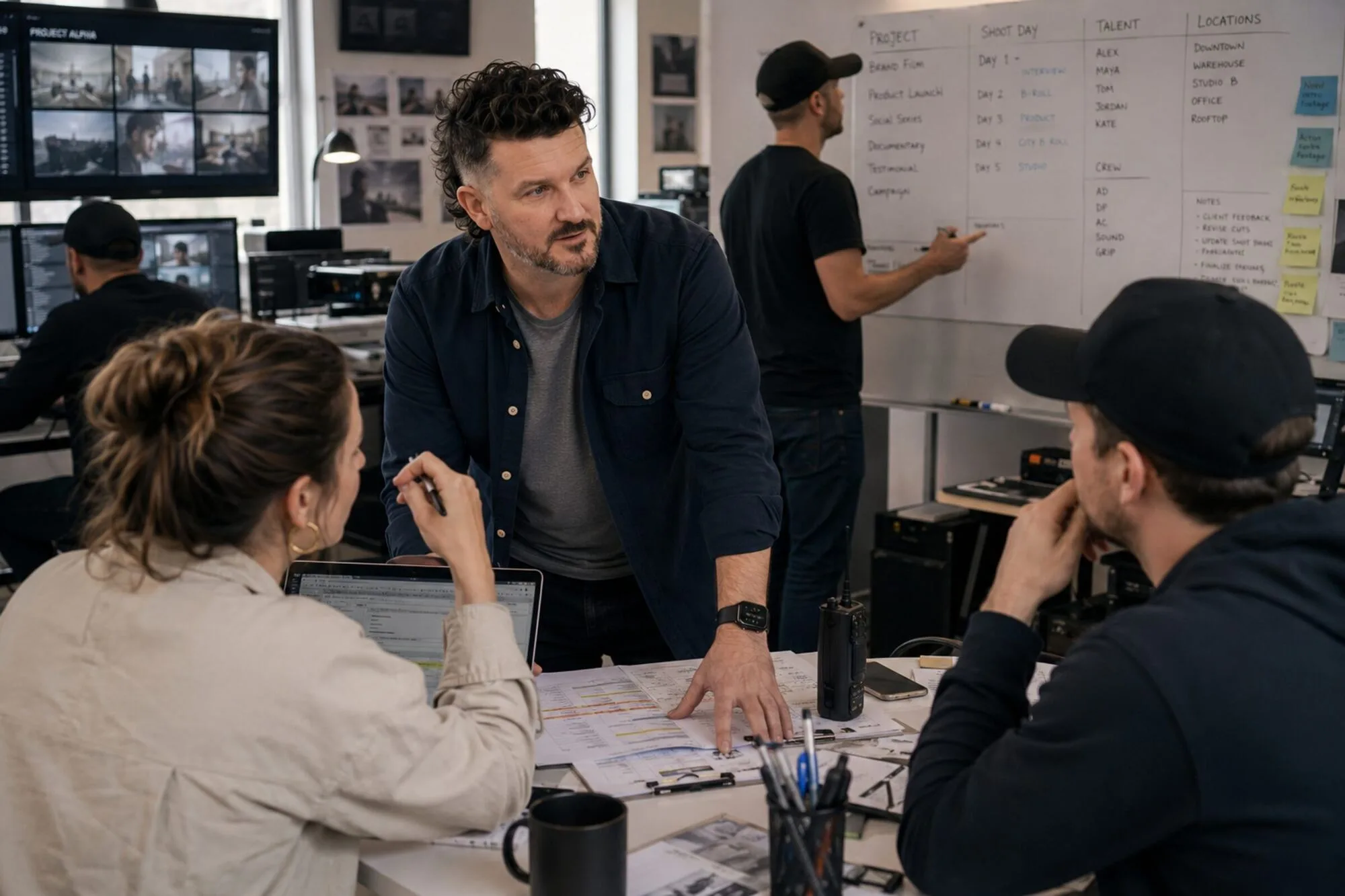 Chris Hatchett reviewing production plans with team in a production office