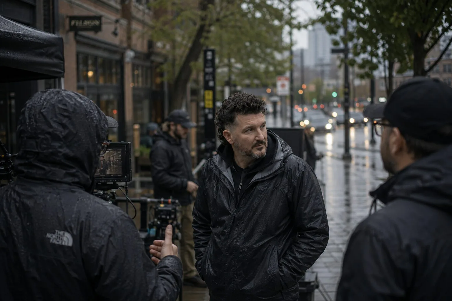Chris Hatchett with crew on a rainy Seattle production near Pike Place Market