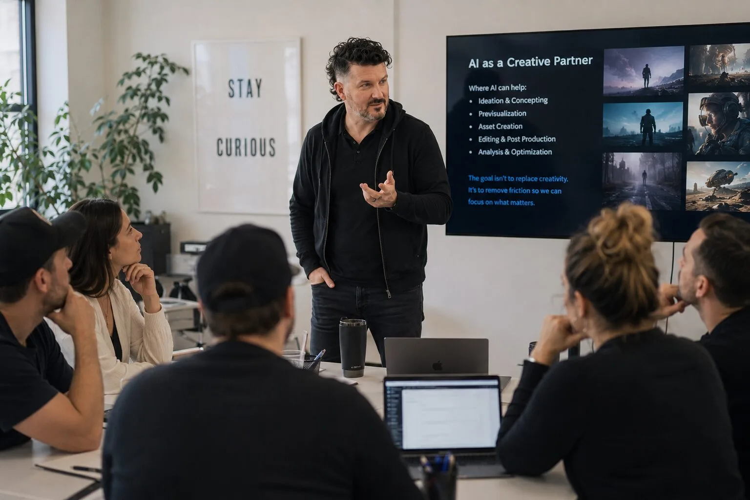 Chris Hatchett leading an AI workshop with a creative team